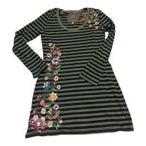 Johnny Was Olive Striped Tunic with Floral Embroidery